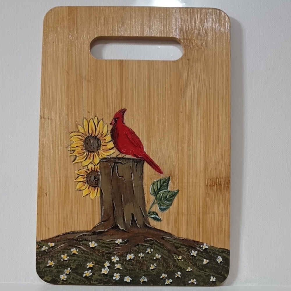 Hand-Painted Cardinal & Sunflower Bird Cutting Board